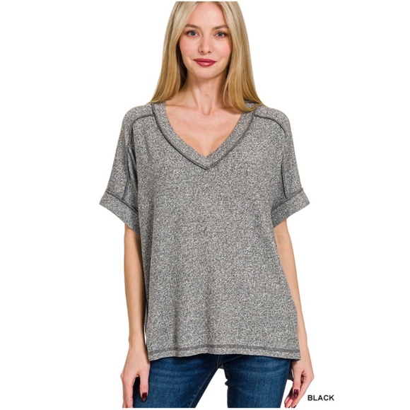 Cozy Solid Hacci V neck Reverse Stitch Short Sleeve Top - Picture 1 of 1